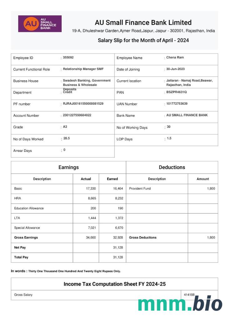 AU Small Finance Bank Pension slip template w formatach Word i PDF
